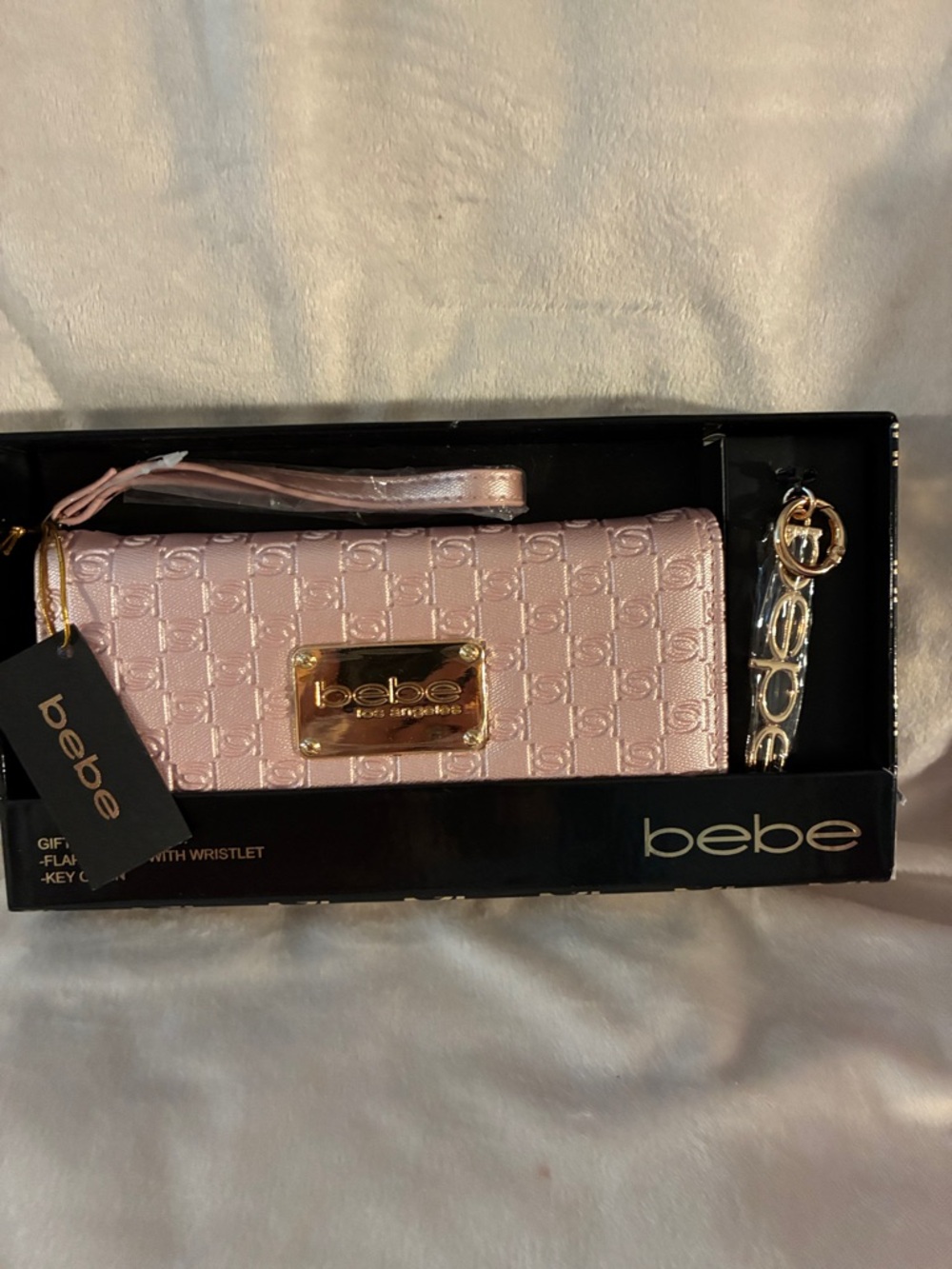bebe Metallic Pink Wristlet Clutch with Gold Accents & key chain
